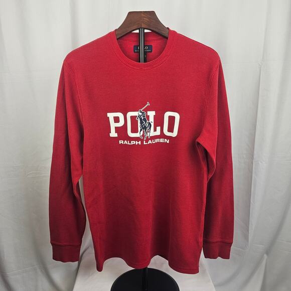 Polo Ralph Lauren Red Thermal Shirt Large Long Sleeve Logo Cotton Blend - Picture 1 of 6